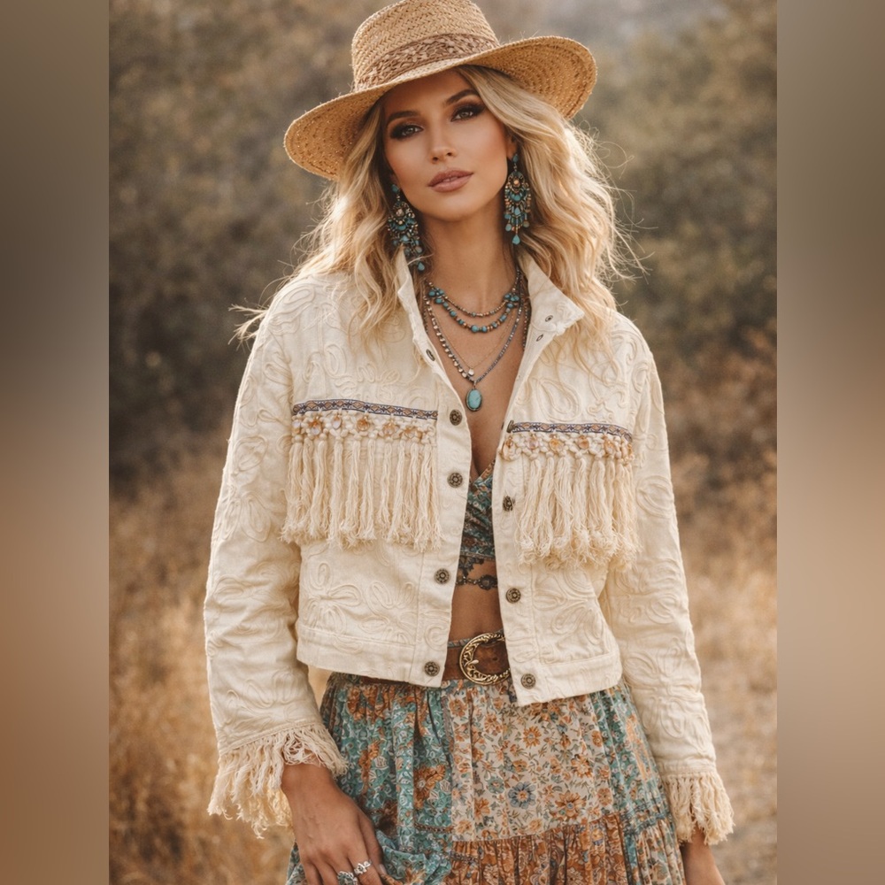 J1212. Cream Fringe Embroidered Jacket - Picture 1 of 1